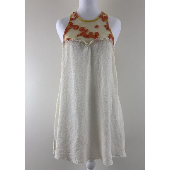 Free People Grecian Off White Gauze Yellow Orange Lace Tunic Tank Top Size M - Picture 1 of 12